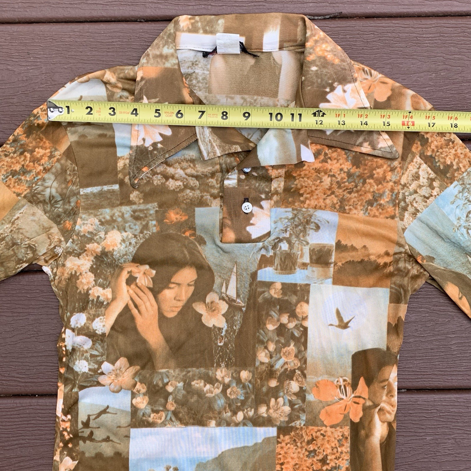 Vtg 70s Hawaiian Themed All-Over Print Shirt Lrg LS 2 Button Disco Acetate/Rayon