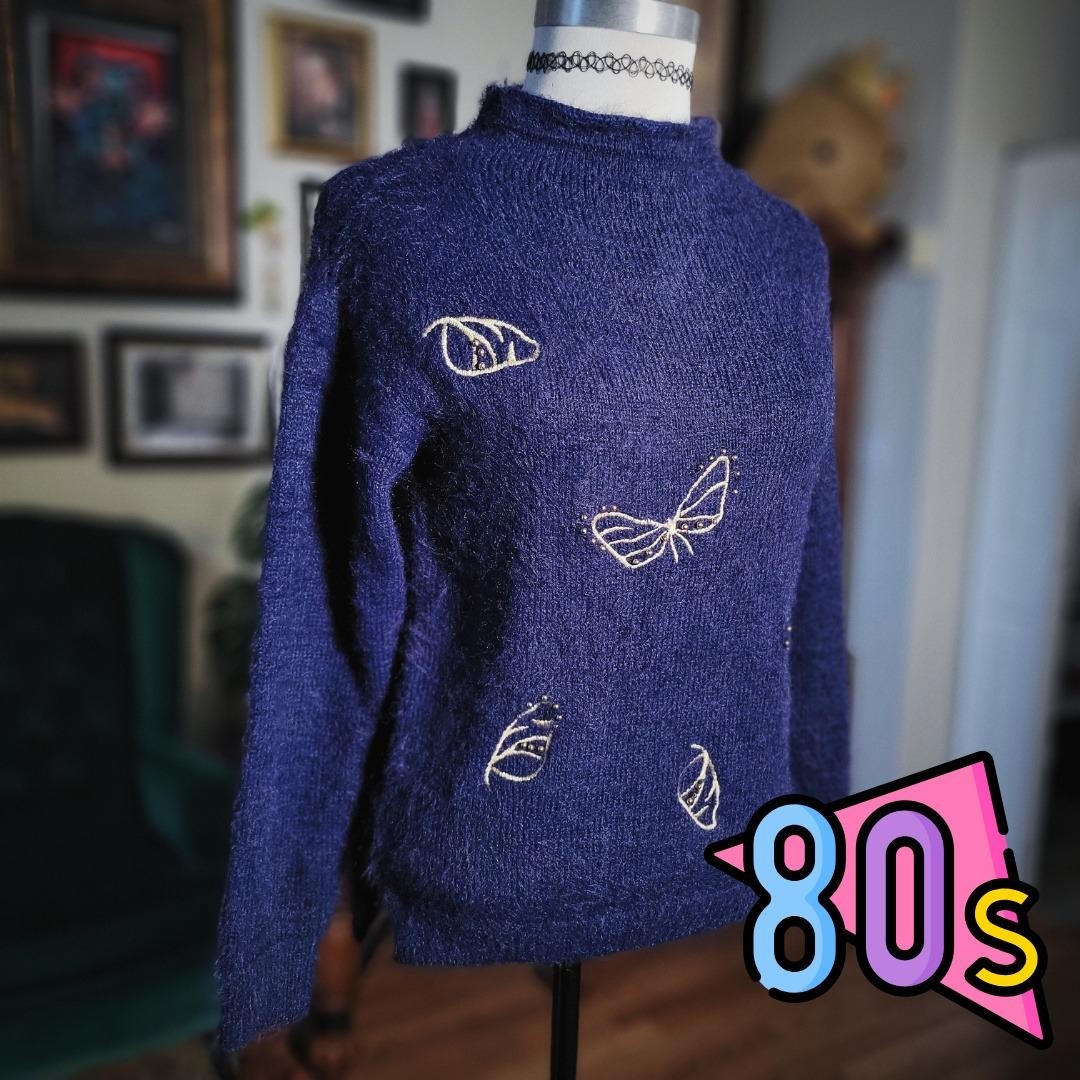 Alsoladies Butterfly Sweater Vintage 80s Navy Blue Fuzzy Knit Embroidered Small