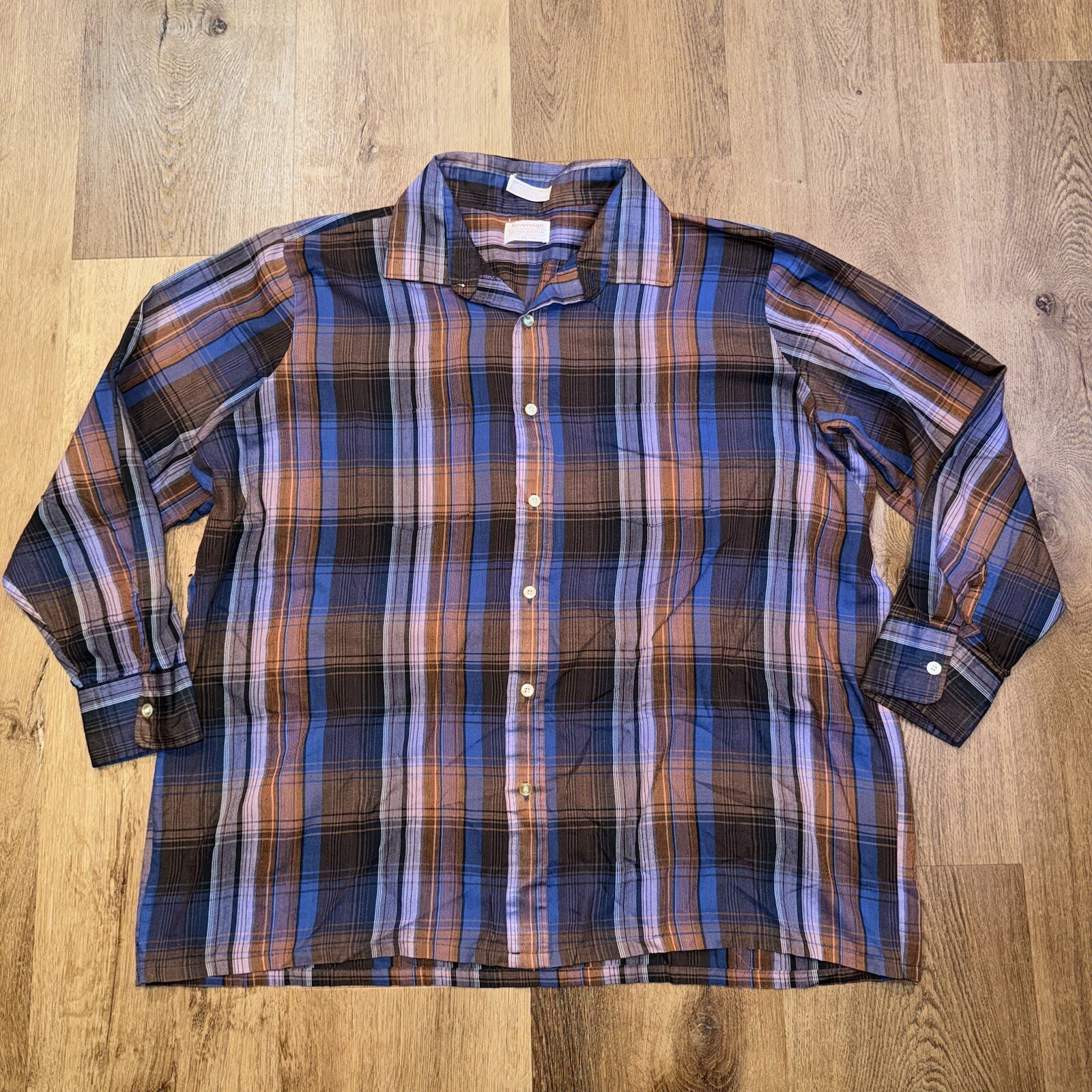 Vtg Sovereign Button Up Shirt Mens 2XL Square Bottom Plaid 60s 70s MCM Mod XXL