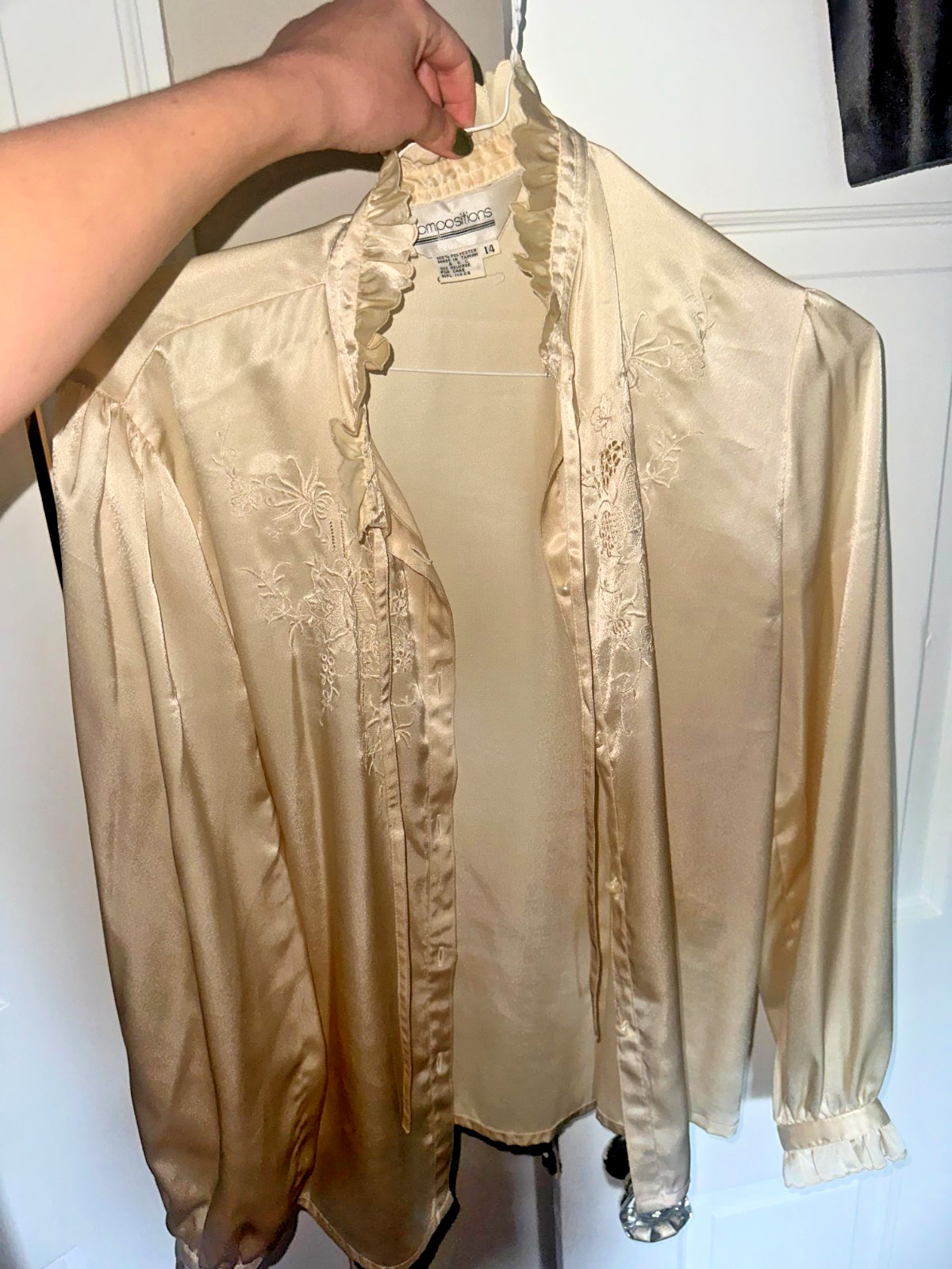 Vintage 90s Champagne Satin Embroidered Ruffle Blouse Romantic Secretary Top Cot
