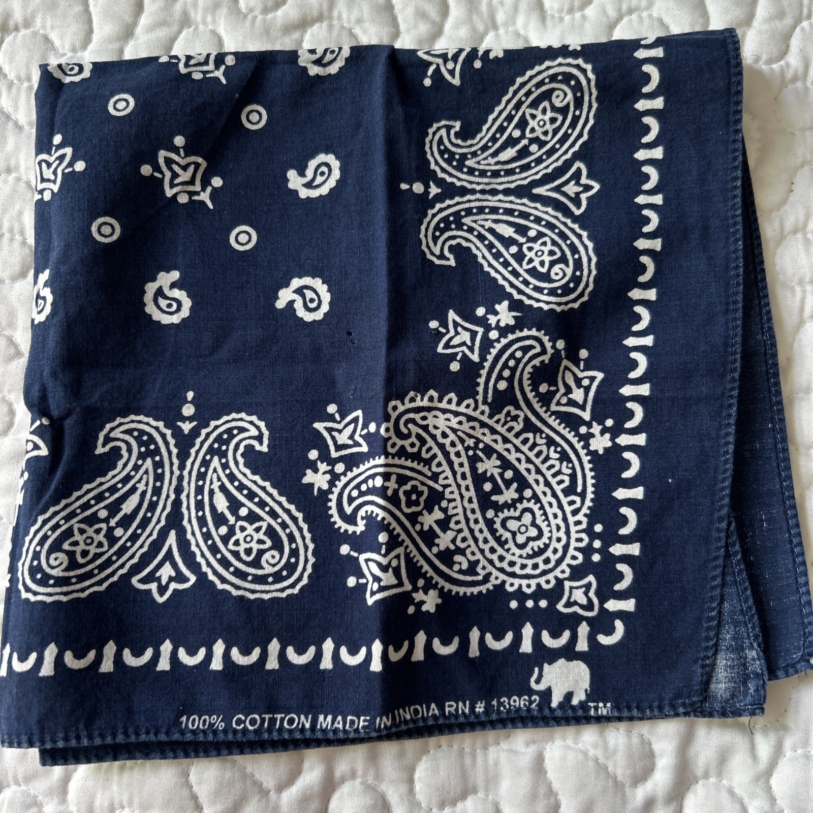 Bandana RN 13962 Blue 100% Cotton Paisley Made in India Elephant Trunk Up VTG