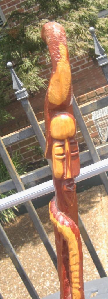 Carved Hardwood Walking Stick Cane African Tribal Faces Snake 2 Tones 40 inches
