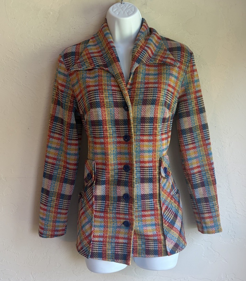Vintage 1970s Rainbow Plaid Blazer Jacket M Retro Maximalist Shacket Dagger