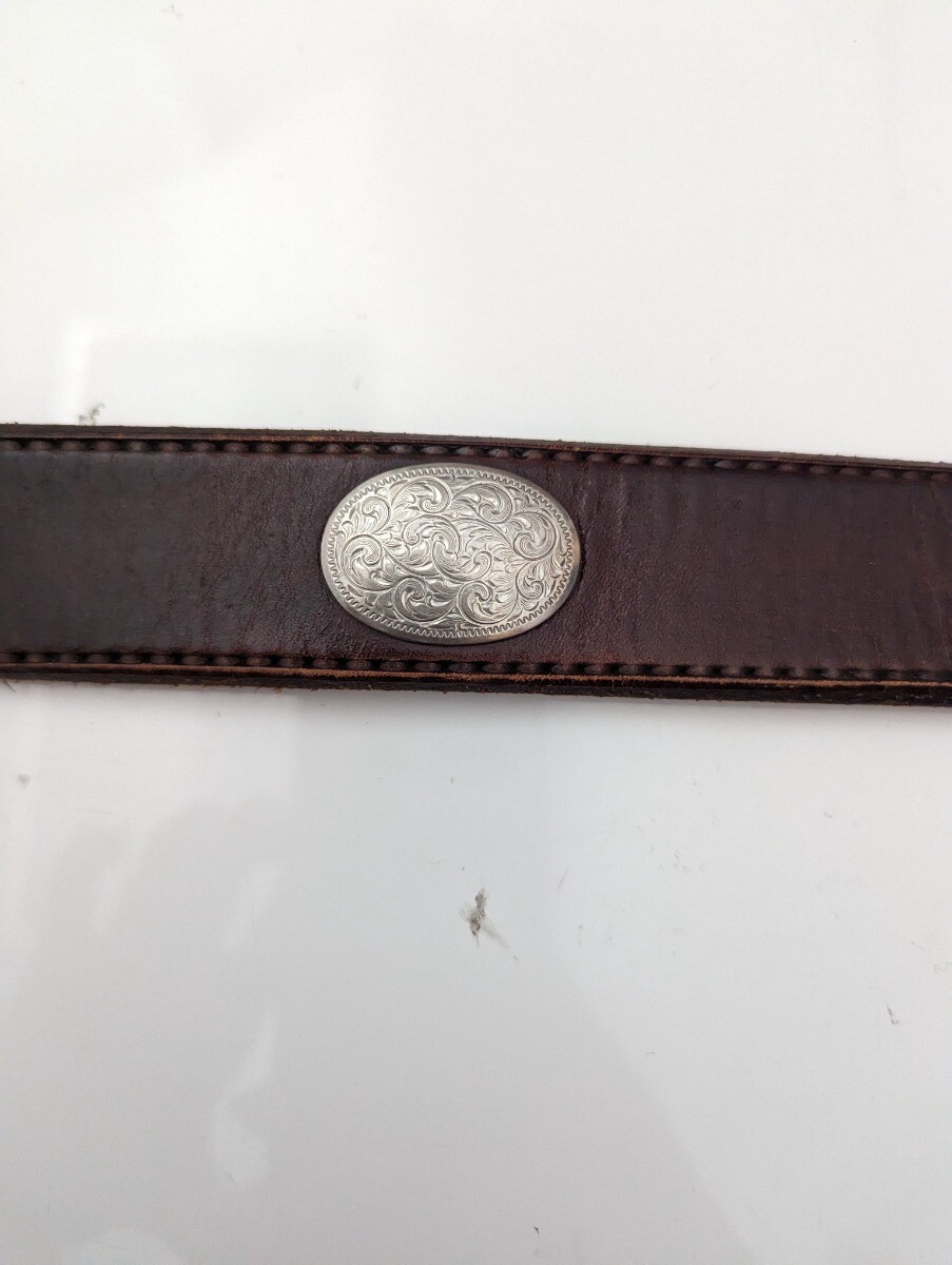 Silver Peace Dollar Belt Buckle and Leather Belt with Silver Accents 40 Inches