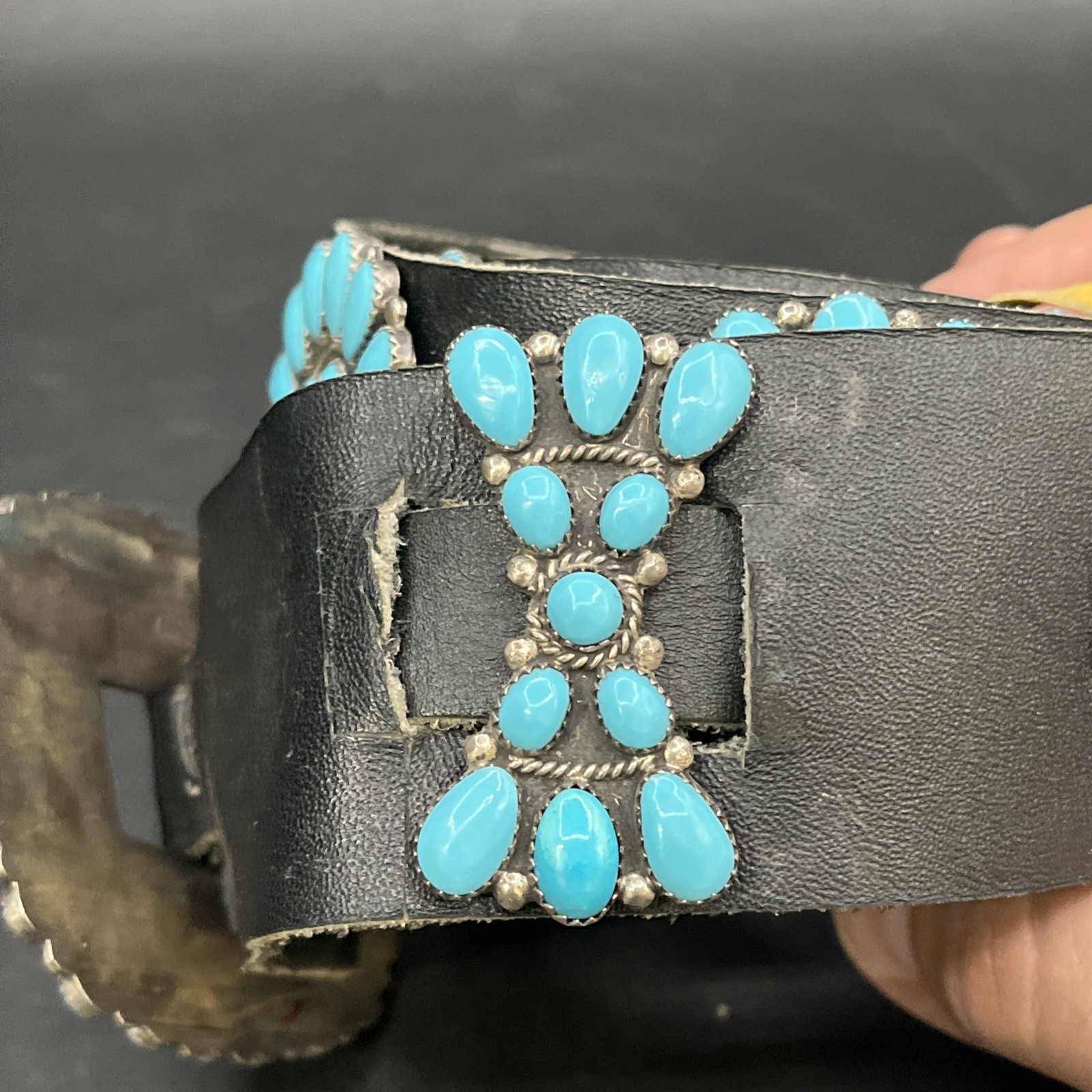 Vintage Sterling Silver and Turquoise Concho Black Leather Belt Buckle Hallmark