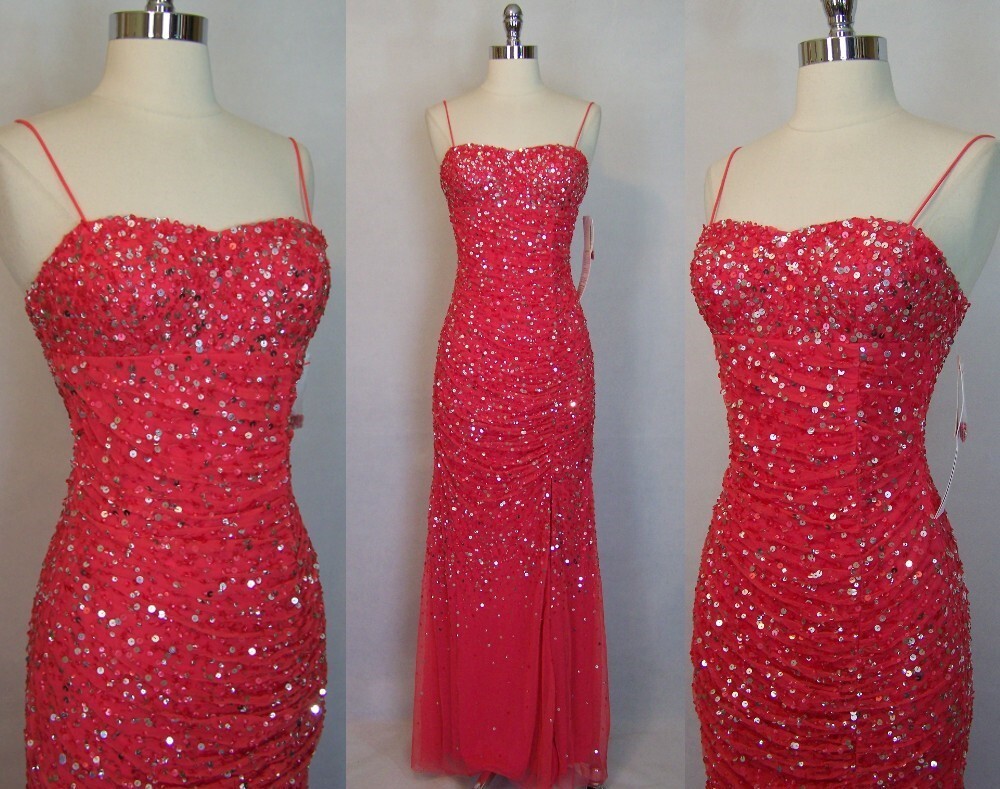 NWT NOS Y2K Bombshell Pink Ruched Sequin Evening Dress Size 2