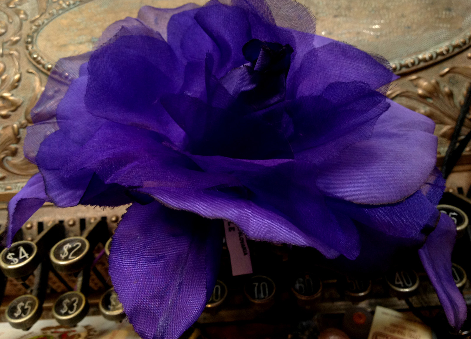 vintage silk flower 1950s hand made organza 6″ purple rose 1pc Czechoslovakia