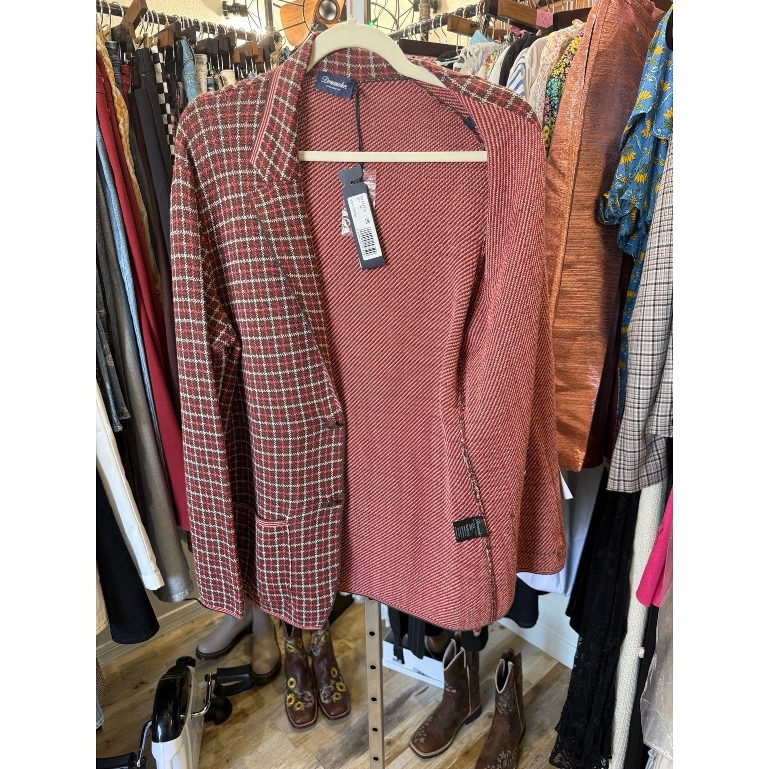 Drumohr Made in Italy Red Plaid Knit Blazer Jacket Mens 48 IT 38 US NWT