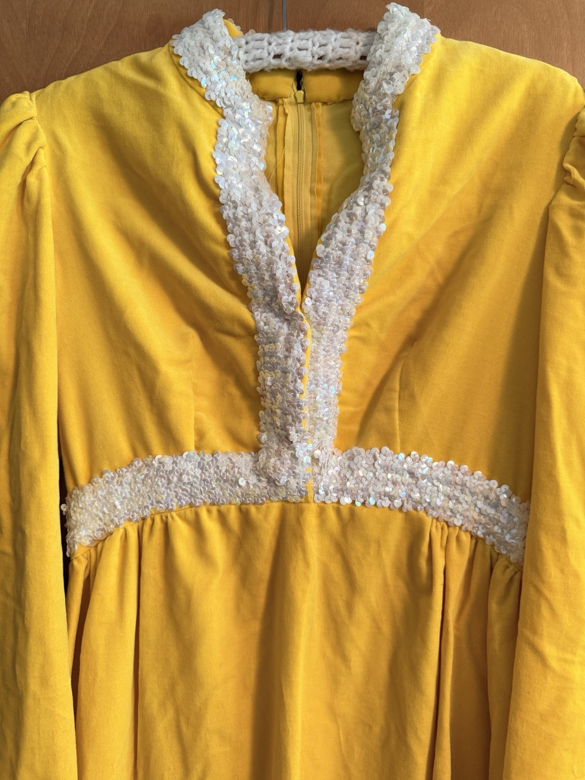 Vintage Boho 70s Velvet Yellow Long-Sleeve Maxi Dress Bridesmaid V-Neck Handmade