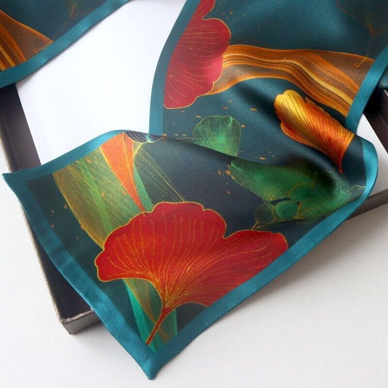 100% Mulberry Silk Shawl Leaves Print Double Layer Neck Oblong Scarf Turquoise
