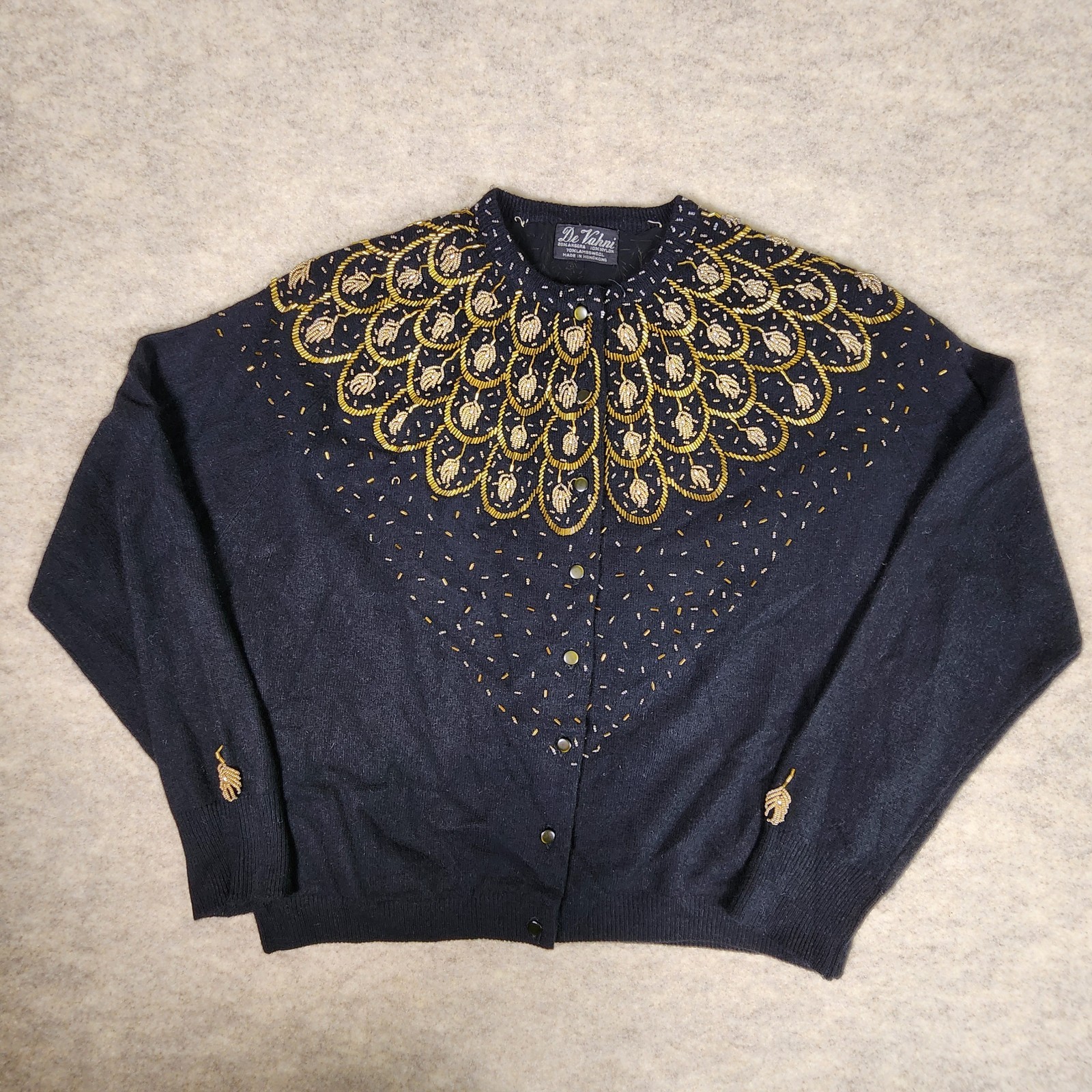 Vintage Lined Angora Blend Heavily Beaded Cardigan Black Cinched Waist Sweater