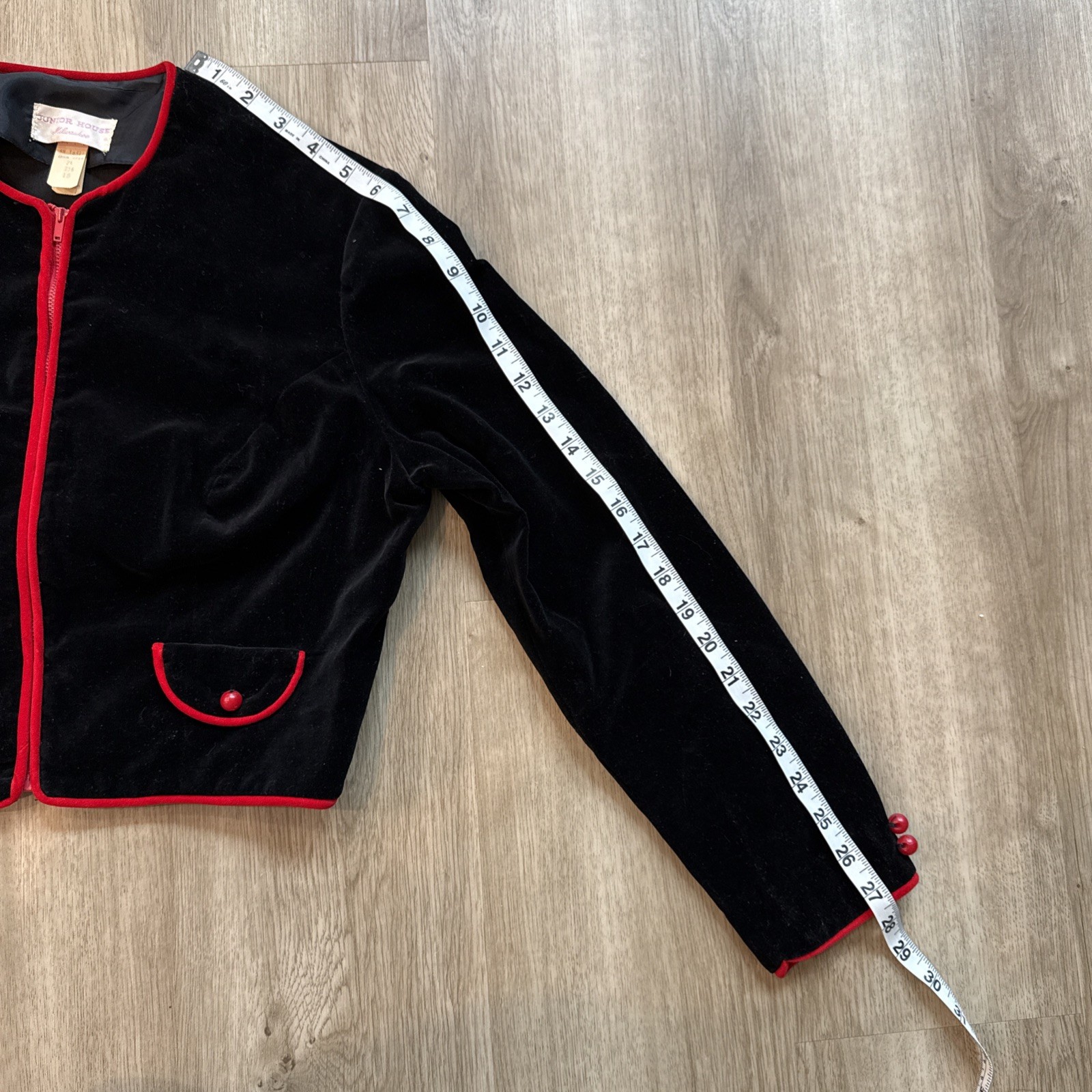 Vintage Junior House Velvet Skirt Suit Black Red Trim Belted Mod Set Size 15