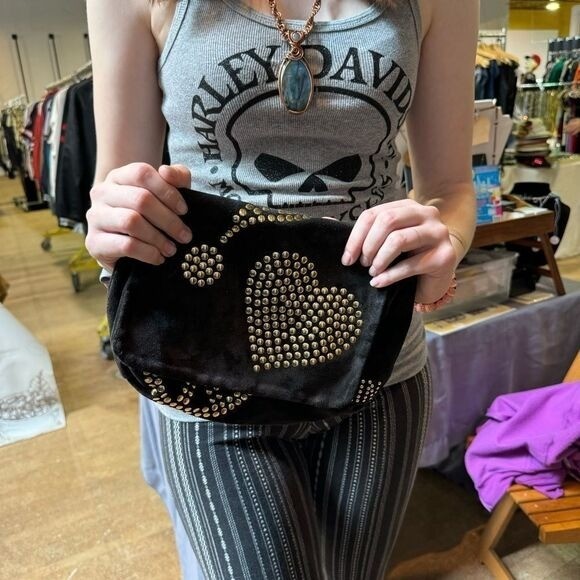 Vintage Moschino Black Suede & Gold Studded Clutch Bag