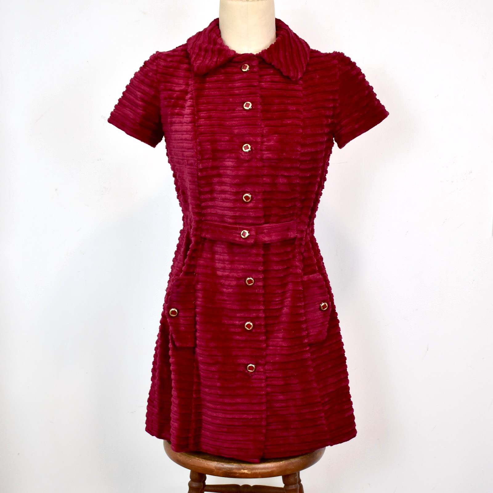 Mod 60s VTG. Corduroy Mini Dress XS-S SP Wide Whale Chunky Cranberry Red