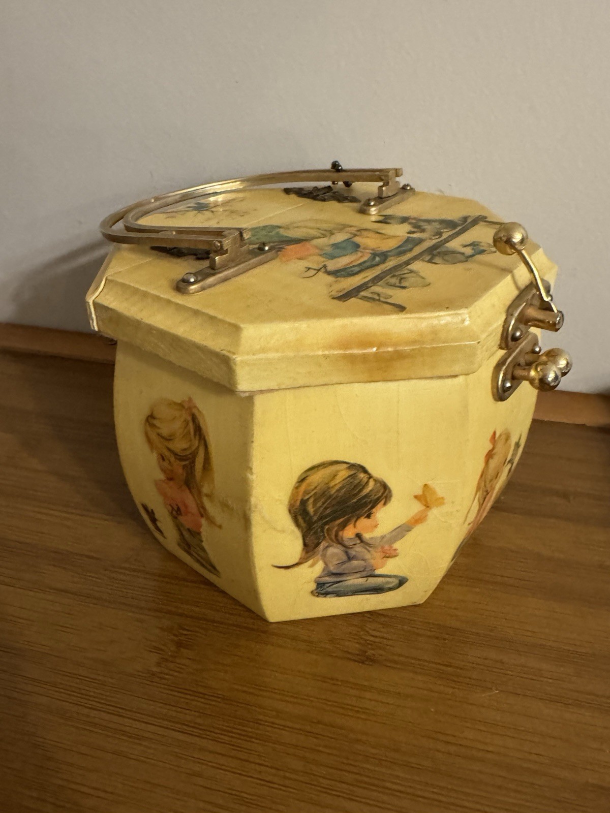 vintage 70s decoupaged wooden box purse classic illustrations by Betsy Clark