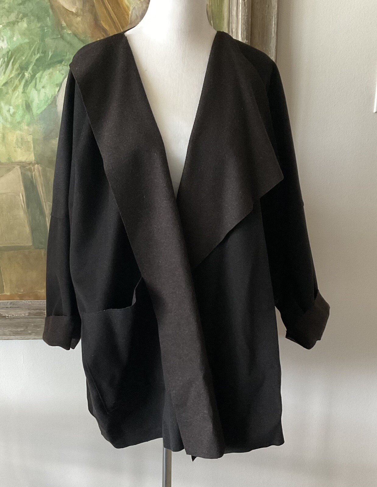 VTG ESKANDAR Cashmere Wool Dark Brown Coat Open Waterfall Collar OS