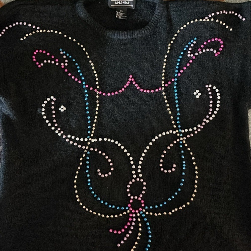 Vintage 80s Amanda Beaded Reindeer Sweater L Silk Angora Black Holiday