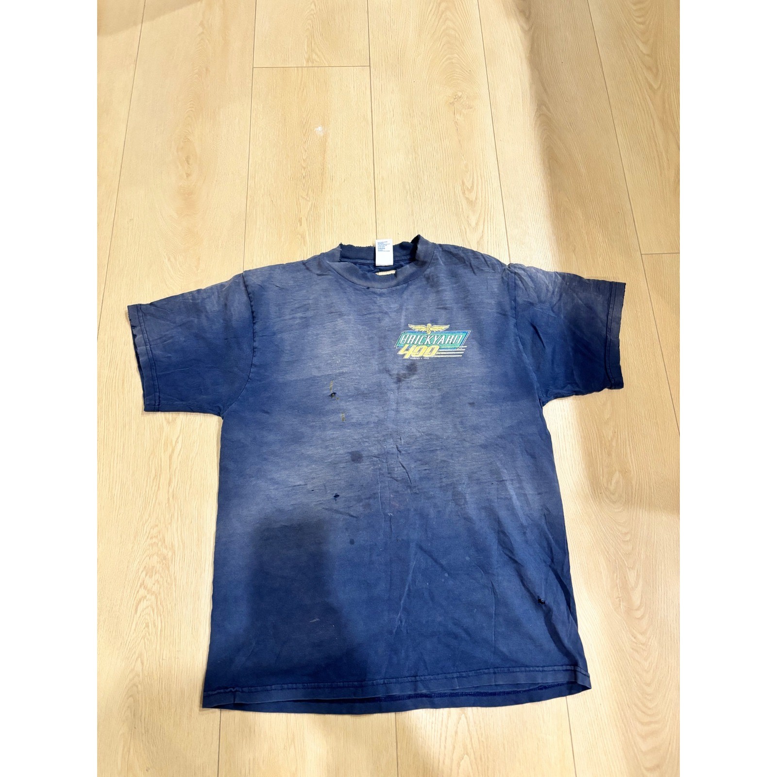 Vintage 1995 Brickyard 400 T Shirt Distressed Thrashed NASCAR Racing Blue L