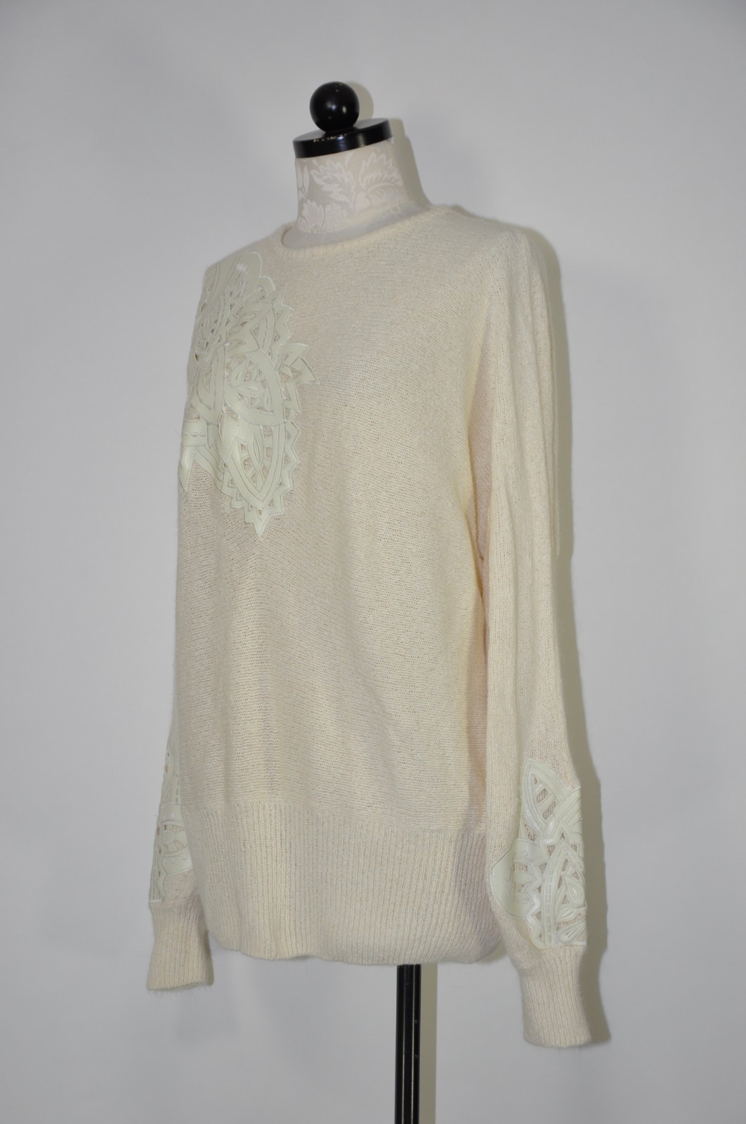 90s Vintage Off White Fuzzy Silk Angora Leather Cutout Crewneck Sweater Women XL