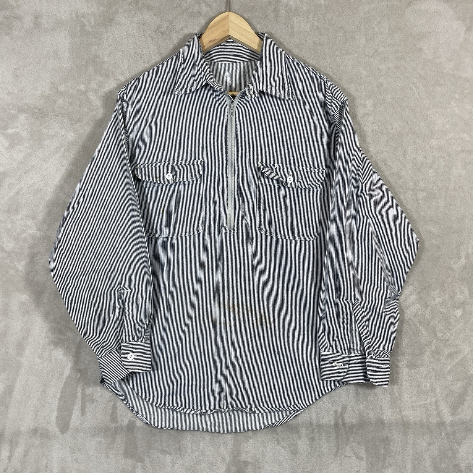 Vintage 70s JCPenney Big Mac Hickory Stripe 1/2 Zip Logger Shirt Mens Large USA