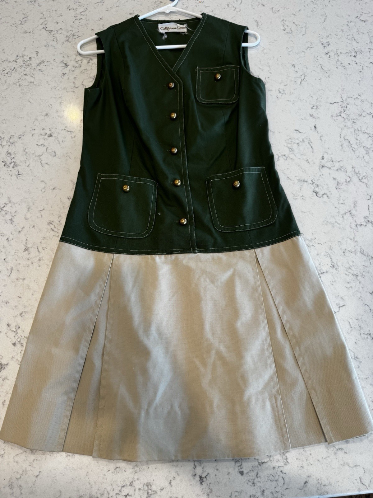 California Girl 1970s Vintage Dress Size Green & Biege MIDI Dress * See Photos