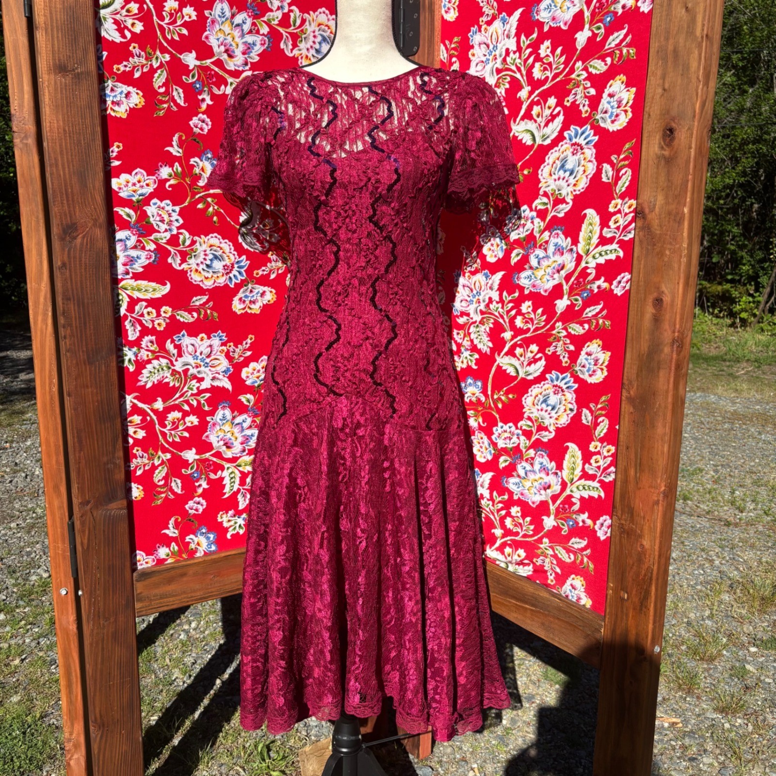 VTG 90’s Burgundy Lace Western Gothic Drop Waist Whimsy Prairie Dress Size S-M