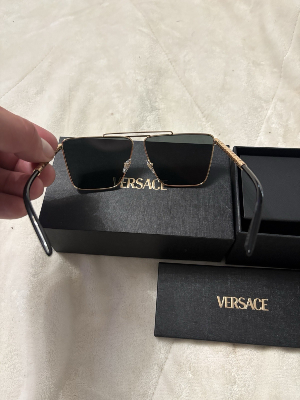 Versace VE2266 100287 Square Metal Sunglasses Gold Frame Gray Lenses 145mm