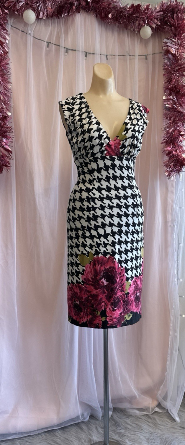 Vintage Y2K 2000s Does 60s Wiggle Pencil Dress Houndstooth Floral Deep V S