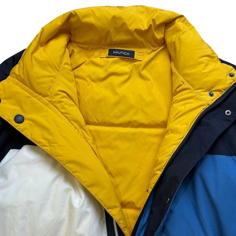 Nautica Sailing Puffer Jacket Vintage Reversible Blue Color Block Yellow 2XL 90s