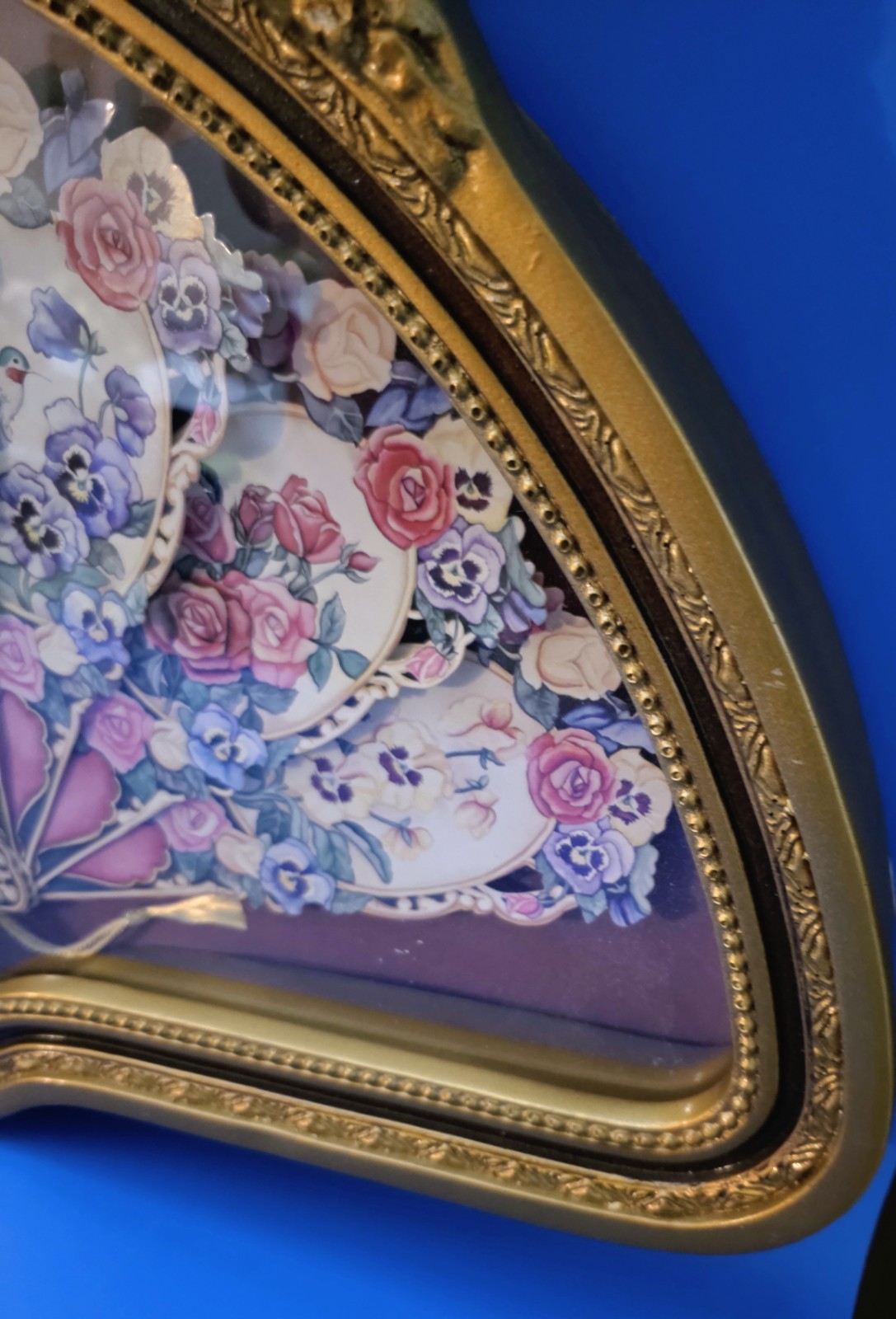 Vintage Paper Fan Framed Gold Plastic Shadow Box Victorian Style Pink Flowers