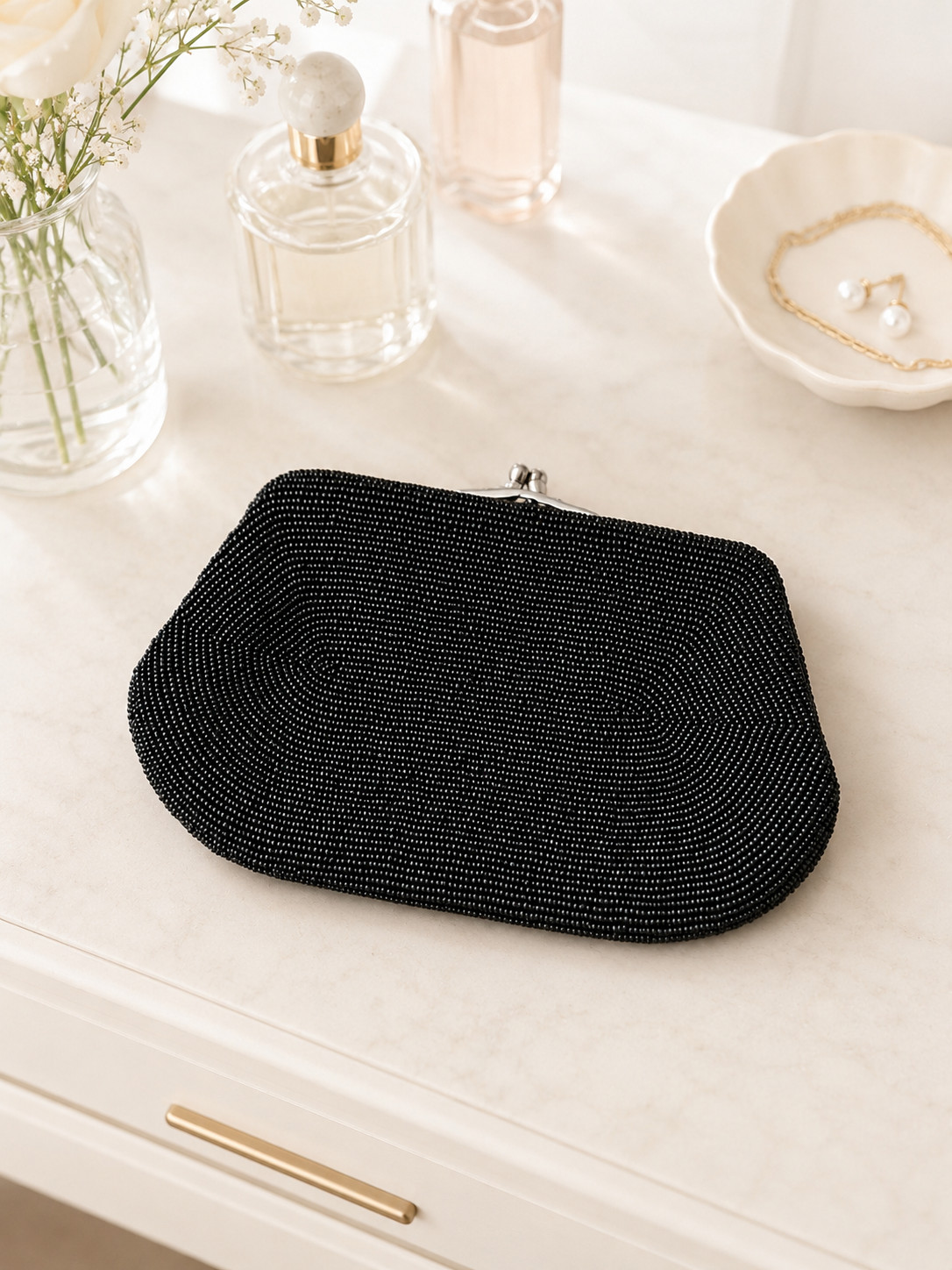 Vintage Black Beaded Evening Purse Kiss Lock Clutch Handbag 8” Formal Bag