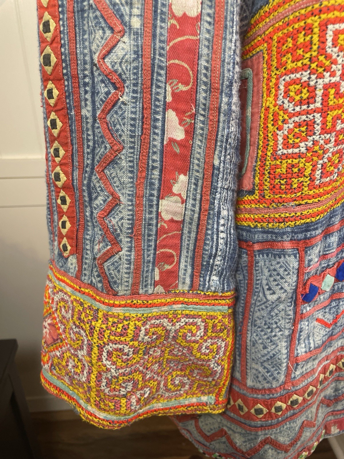 Vintage Hmong Style Embroidered Jacket Boho Ethnic Artisan Indigo Print XL