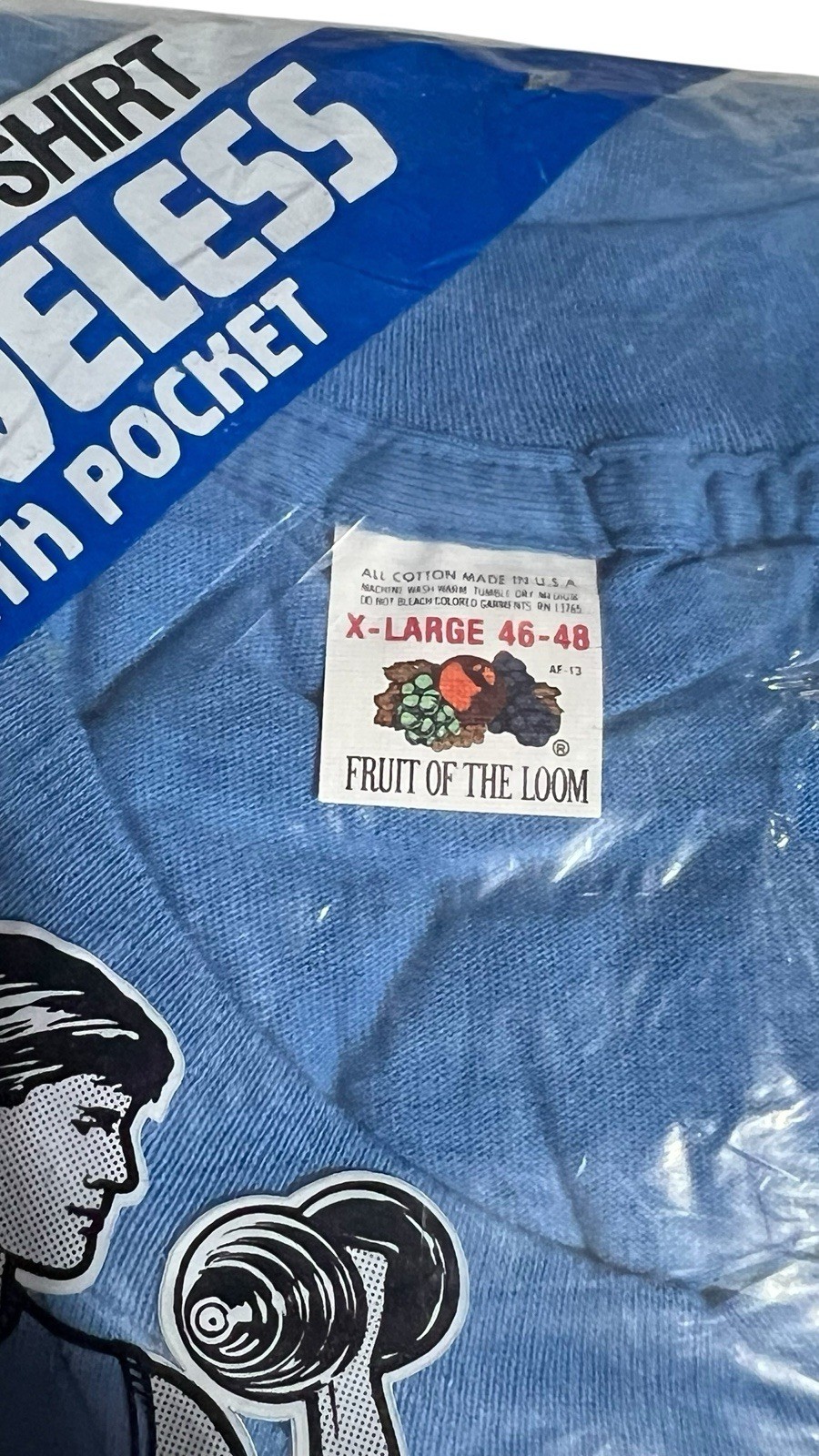 1986 Fruit of the Loom Sleeveless Pocket T Shirt Size XL 46-48 Blue Vintage NEW