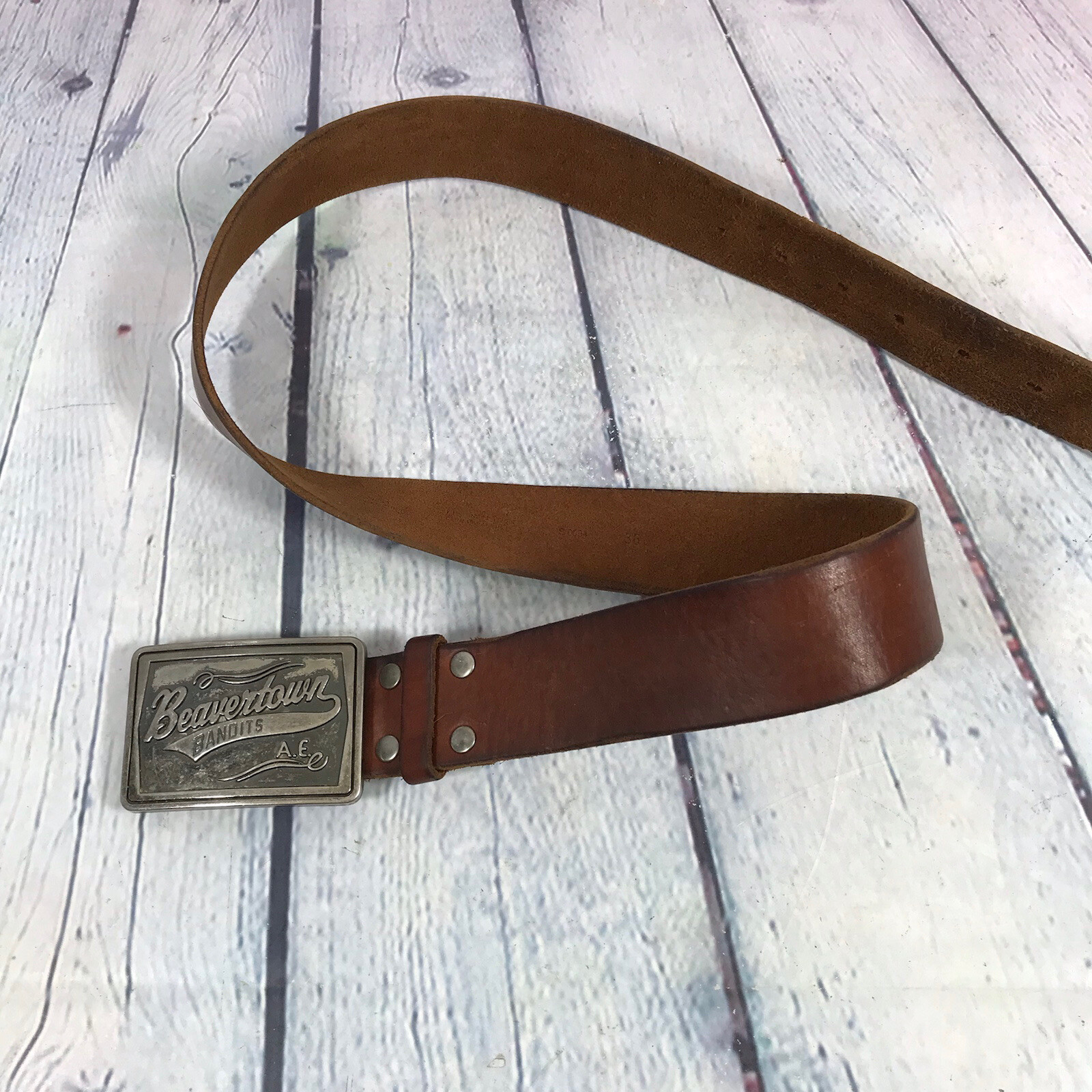 Vintage 90s American Eagle Outfitter Leather Belt w Beavertown Bandits Buckle