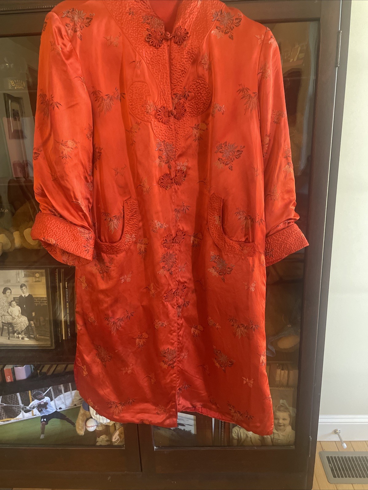 Vintage vintage silk satin red embroidered and padded robe About 40 Inches Long