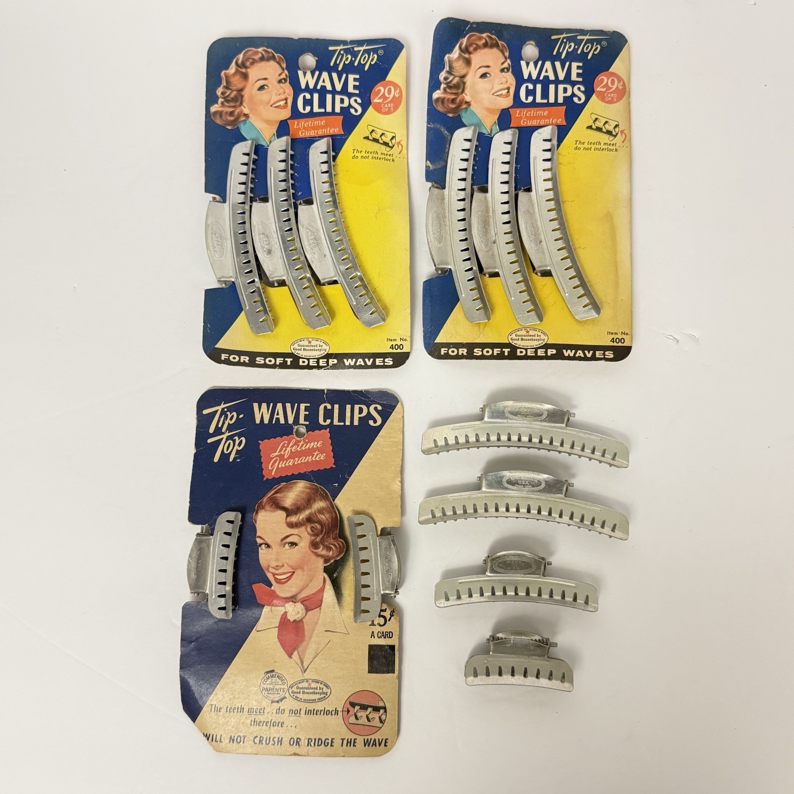 Vintage Hair Wave Clips Tip-Top 1940s Lot of 12 Small 2” Medium 3” Large 4” NOS