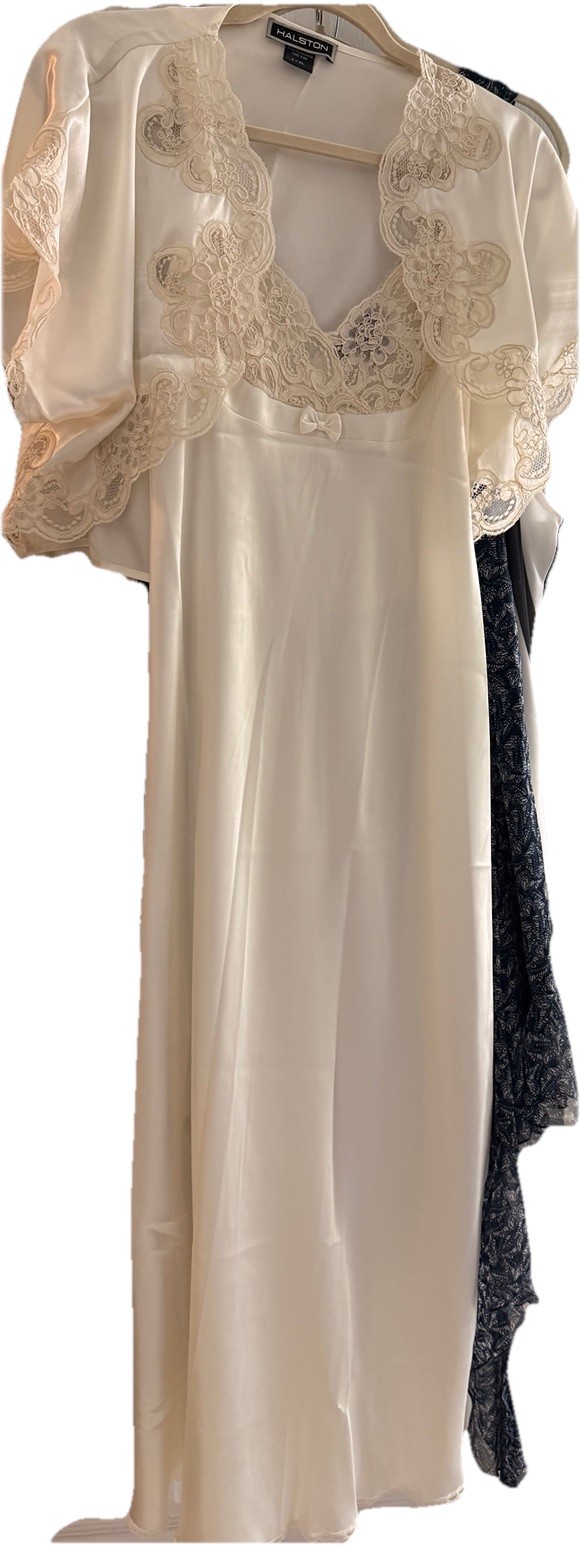VTG L/XL IVORY Satin Peignoir Nightgown Set – 1975 HALSTON – Gown & Bed Jacket