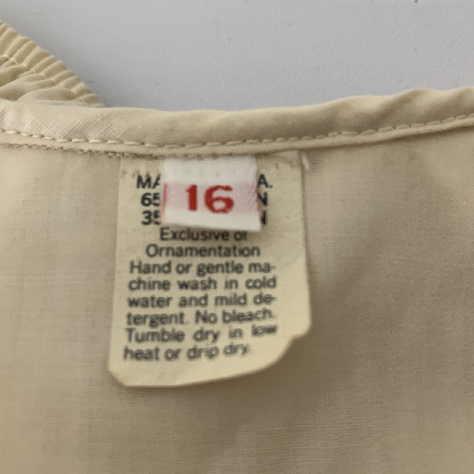 Vtg Dirndl Blouse Button Crop Top Tan Off White Eyelet Sz 16 Made In USA