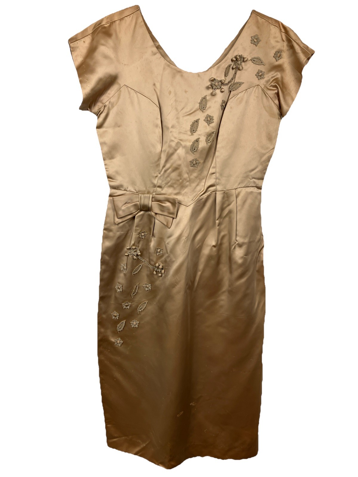 As Found 41 b 32 W Vintage 50s Nude Satin Dress Bombshell MCM 1950s Cocktail