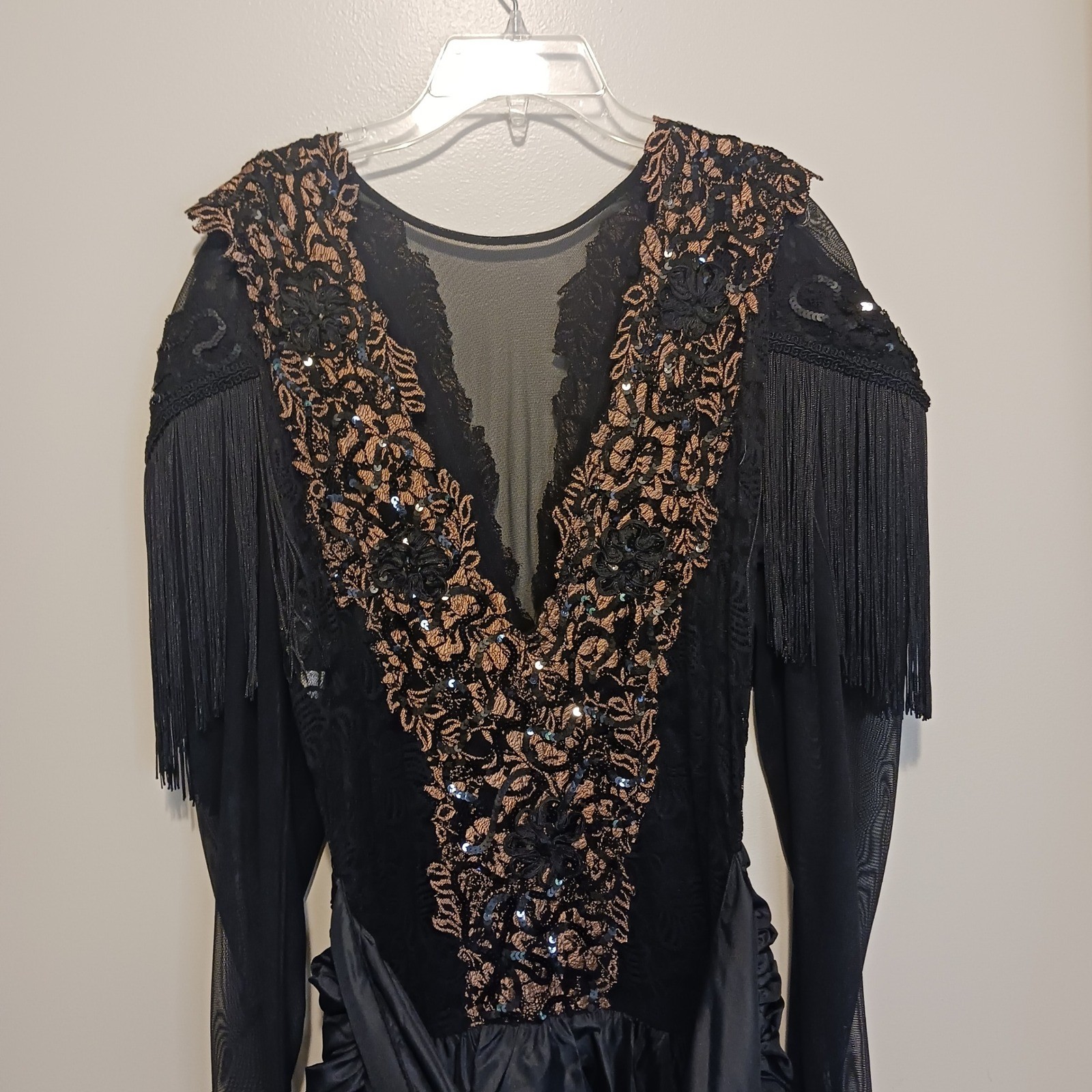 Vintage Janine 80s Goth Party Dress Black Bronze Metallic Lace Fringe Sequin S