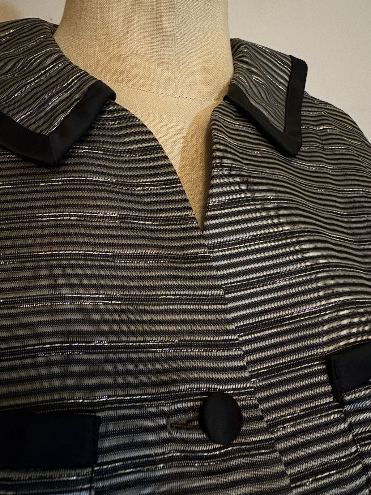 Vintage 1950s Women’s Black & Silver Striped Button Up Dress Dolman Sleeves