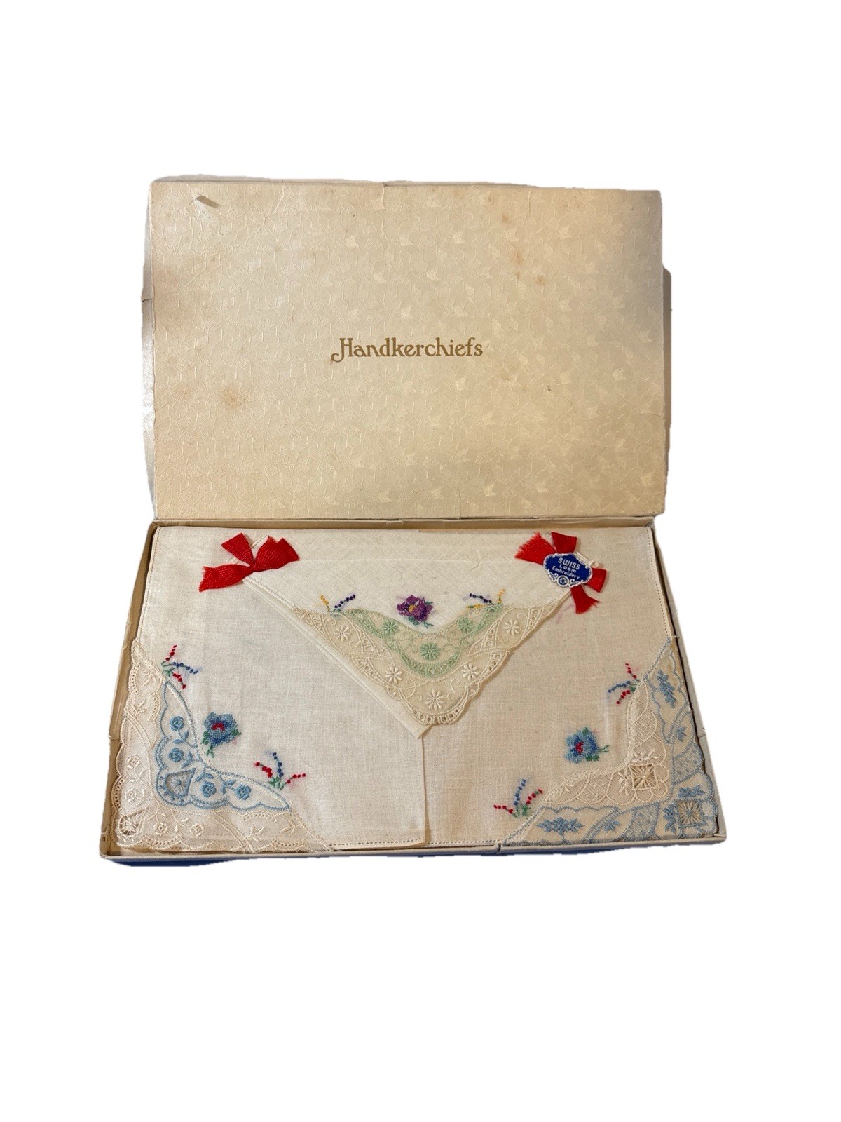Vintage Handkerchiefs Embroidered from Switzerland Original Box See Pics a114