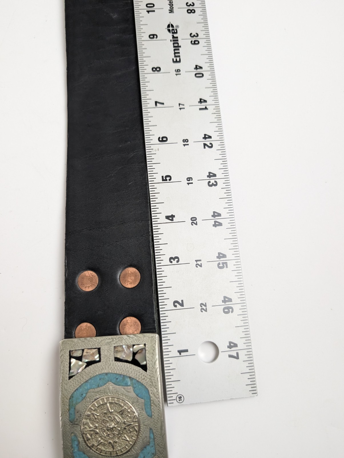 Vintage Mexico Alpaca Silver Aztec Calendar Belt Turquoise MOP Inlay Black…