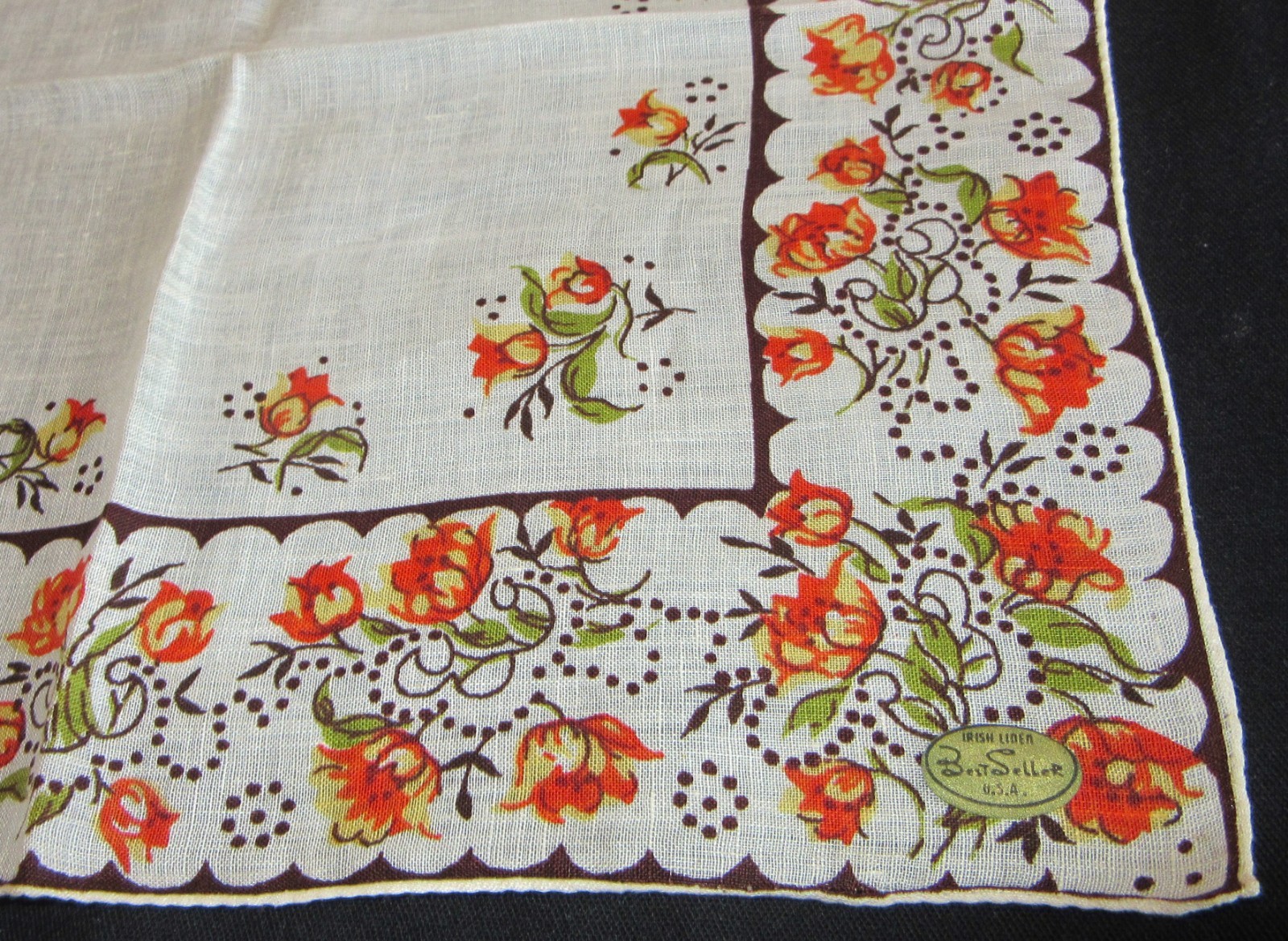 Vintage Hankie Irish Linen Shades of Orange Floral Best Seller Hand Rolled Nice!