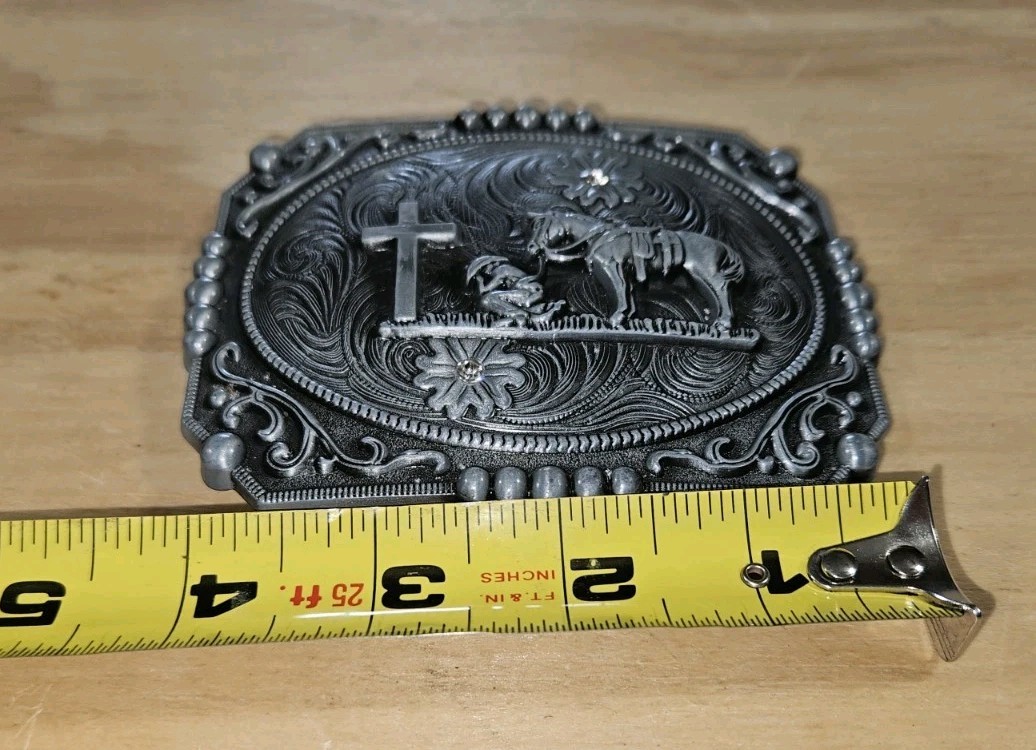 Western COWBOY & HORSE AT CROSS RELIGIOUS faith BELT BUCKLE Pewter Silve4 Color