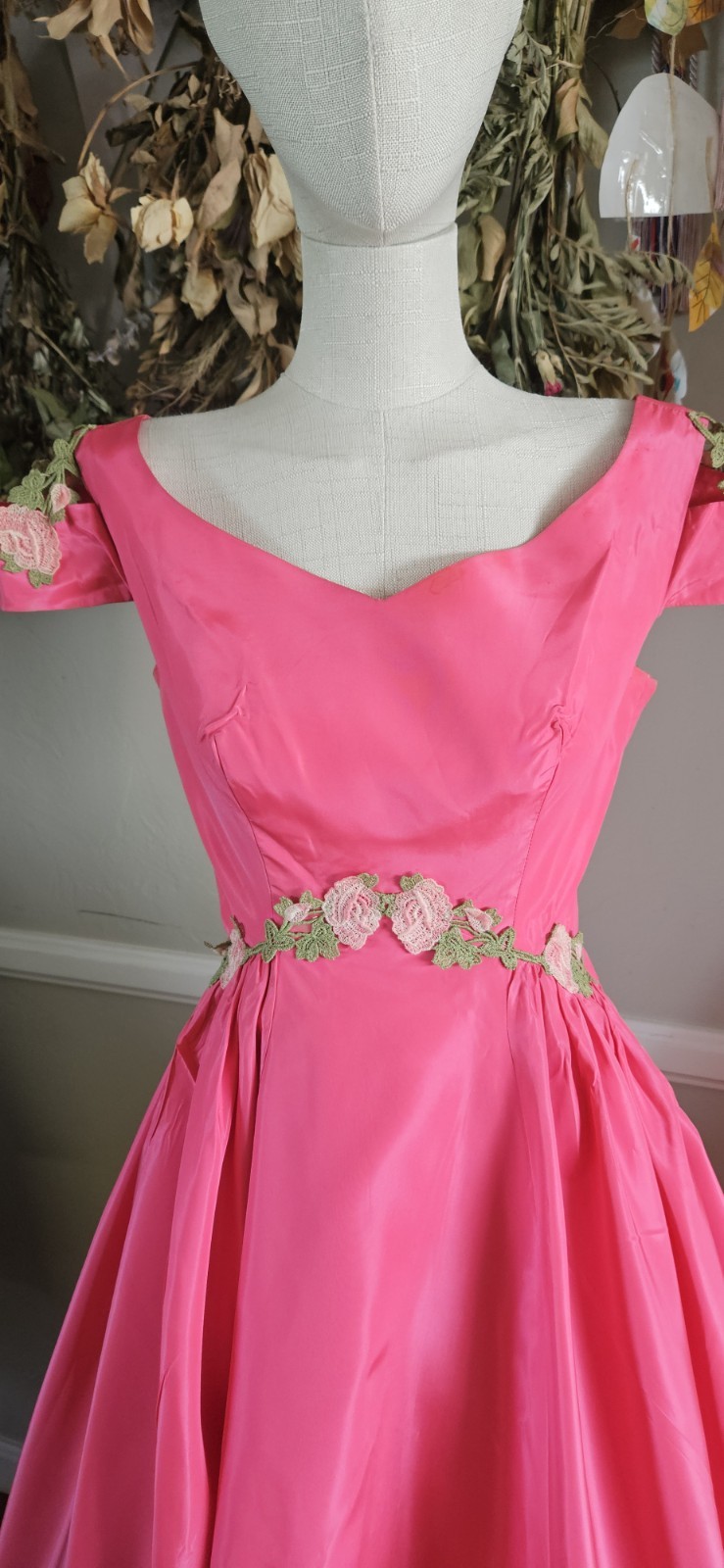 Vintage 1950s Custom Made Ballgown With Floral Accents And Open Shoulders…