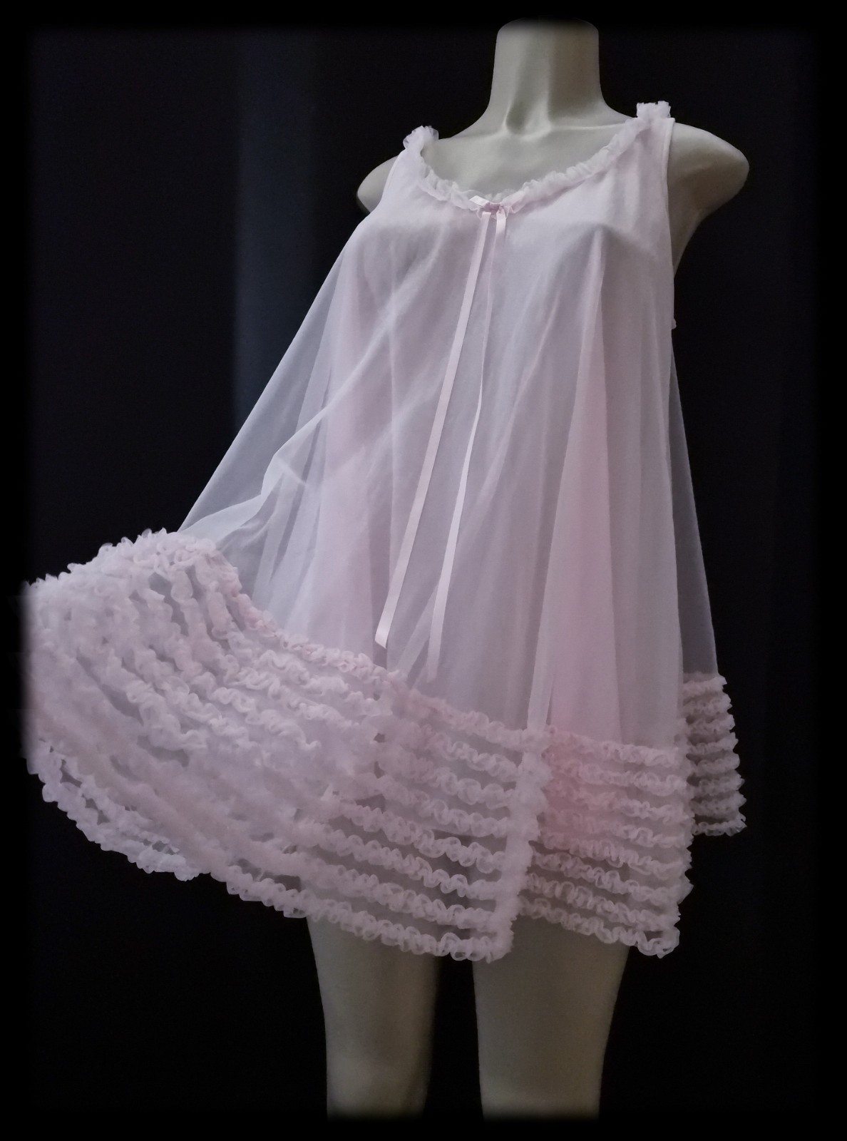 60s Vintage ENGLAND Sheer CHIFFON Pink NYLON Babydoll Dress POOFY Bows Lace M/L