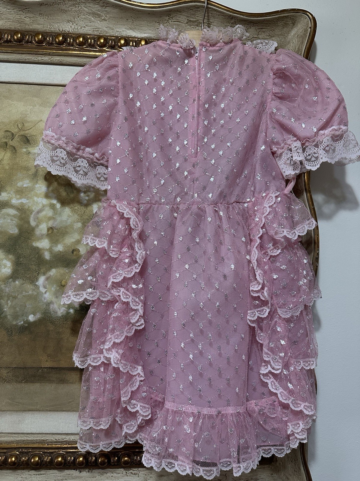 Vintage Frilly Pink Lace Ruffle Party Dress Girls Size 8 Sparkle Sheer Overlay