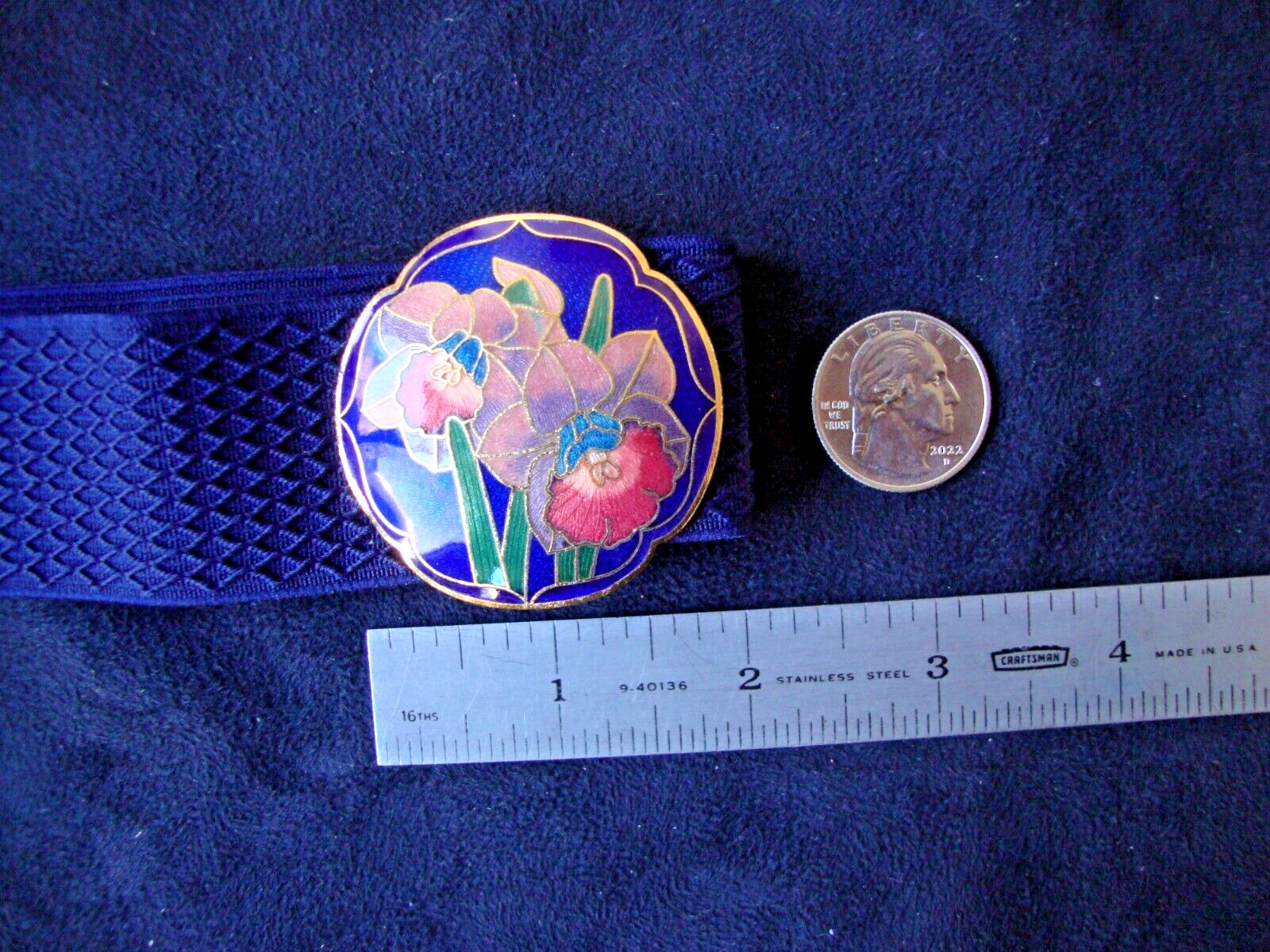 VINTAGE ART NOUVEAU CLOISONNE MULTICOLOR IRIS COBALT BUCKLE W/ ELASTIC BELT