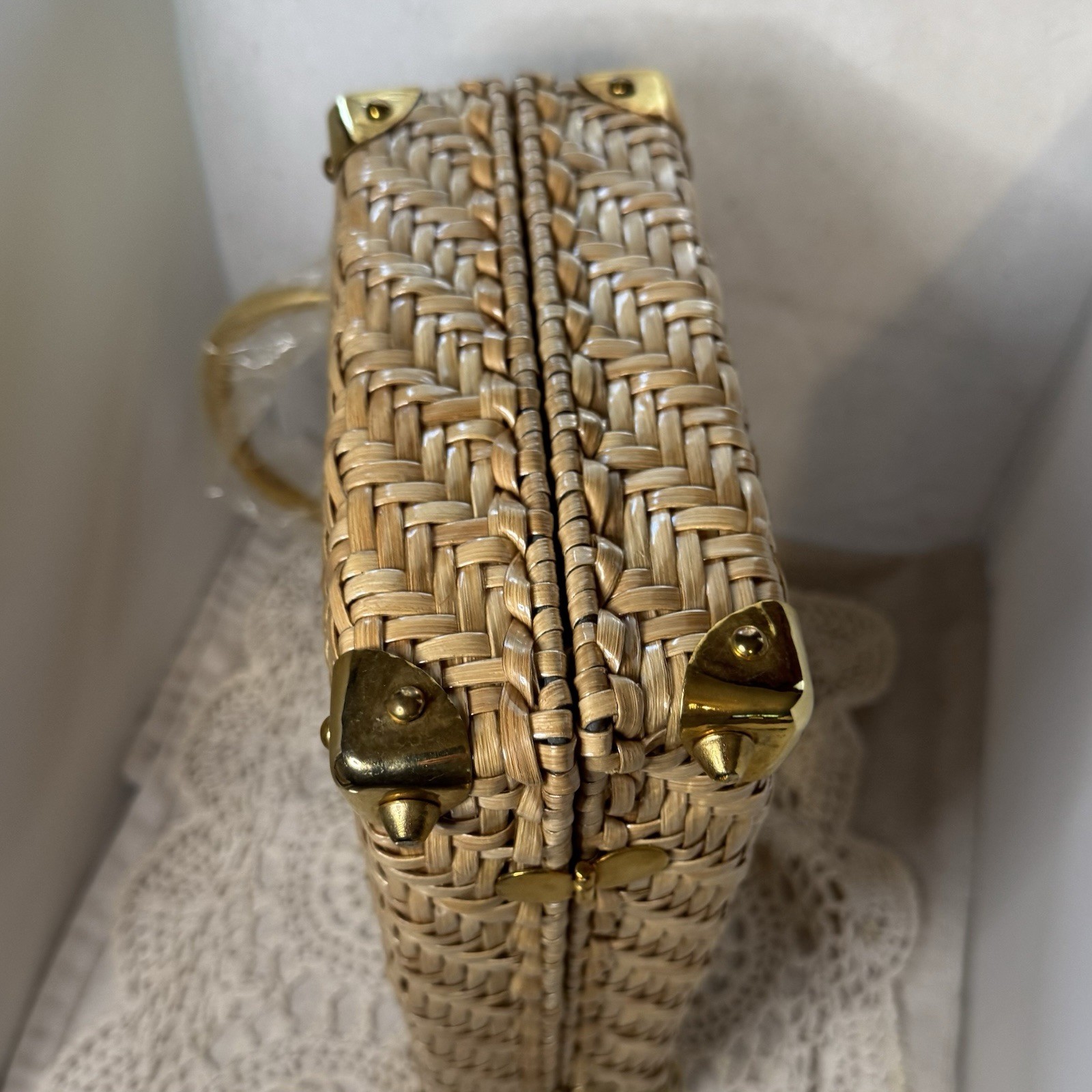 Vintage Marcus Brothers Wicker Box Purse Tan With Gold Tone Handles & Trim New